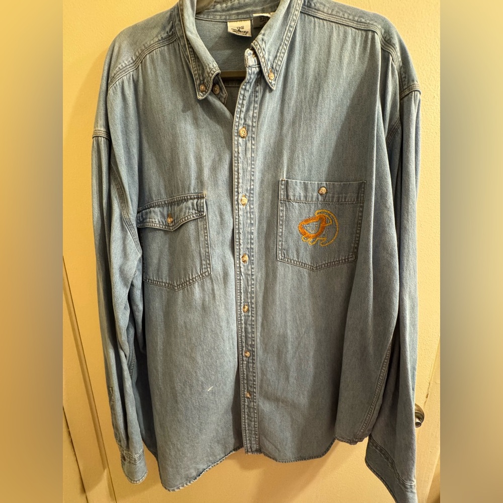 Vintage Disney Denim Shirt with Embroidered Lion King characters
